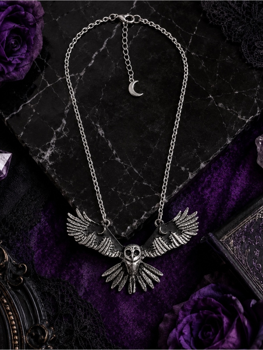 Gothic Silver Owl Wing Pendant Necklace - Dark Silver